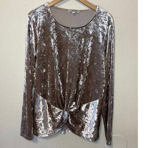 Pleione Gray Purple Crushed Velvet Long Sleeve Tie Front Whimsygoth Top Large